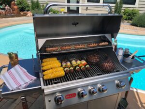 Bull Angus grill by a pool